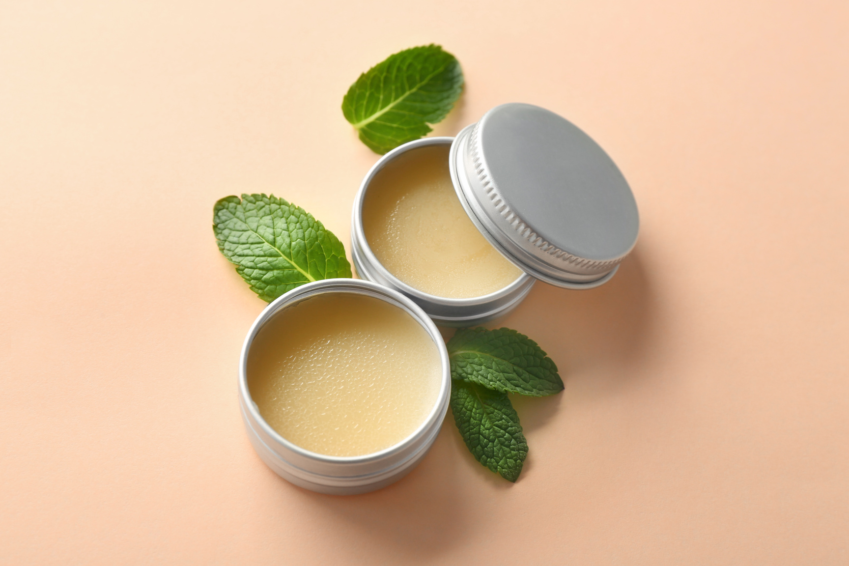 Containers with Lemon Balm Salve and Leaves on  Light Background